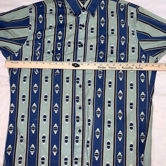 Wrangler Western Shirt Size 16.5 x 35 Blue Striped Aztec Pearl Snap Cowboy Cut - Picture 4 of 13